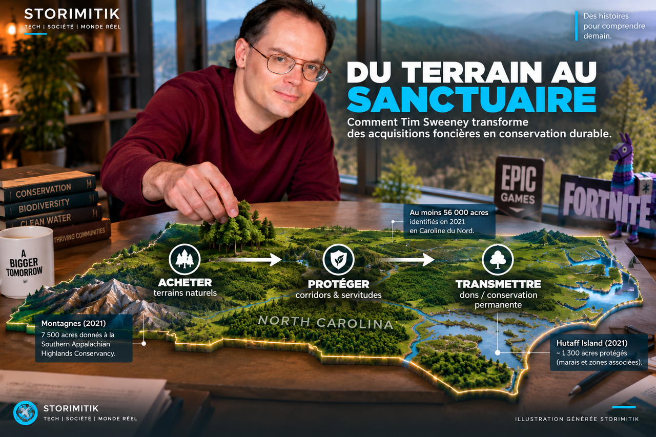 Infographie STORIMITIK expliquant le mécanisme de conservation suivi par Tim Sweeney : acheter des terrains, les protéger puis les transférer vers une conservation permanente.