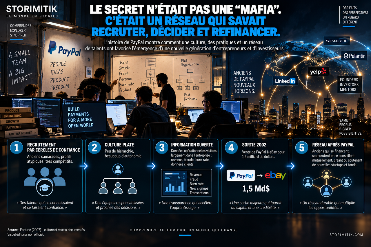 Infographie STORIMITIK détaillant cinq mécanismes liés à la culture et au réseau de PayPal.