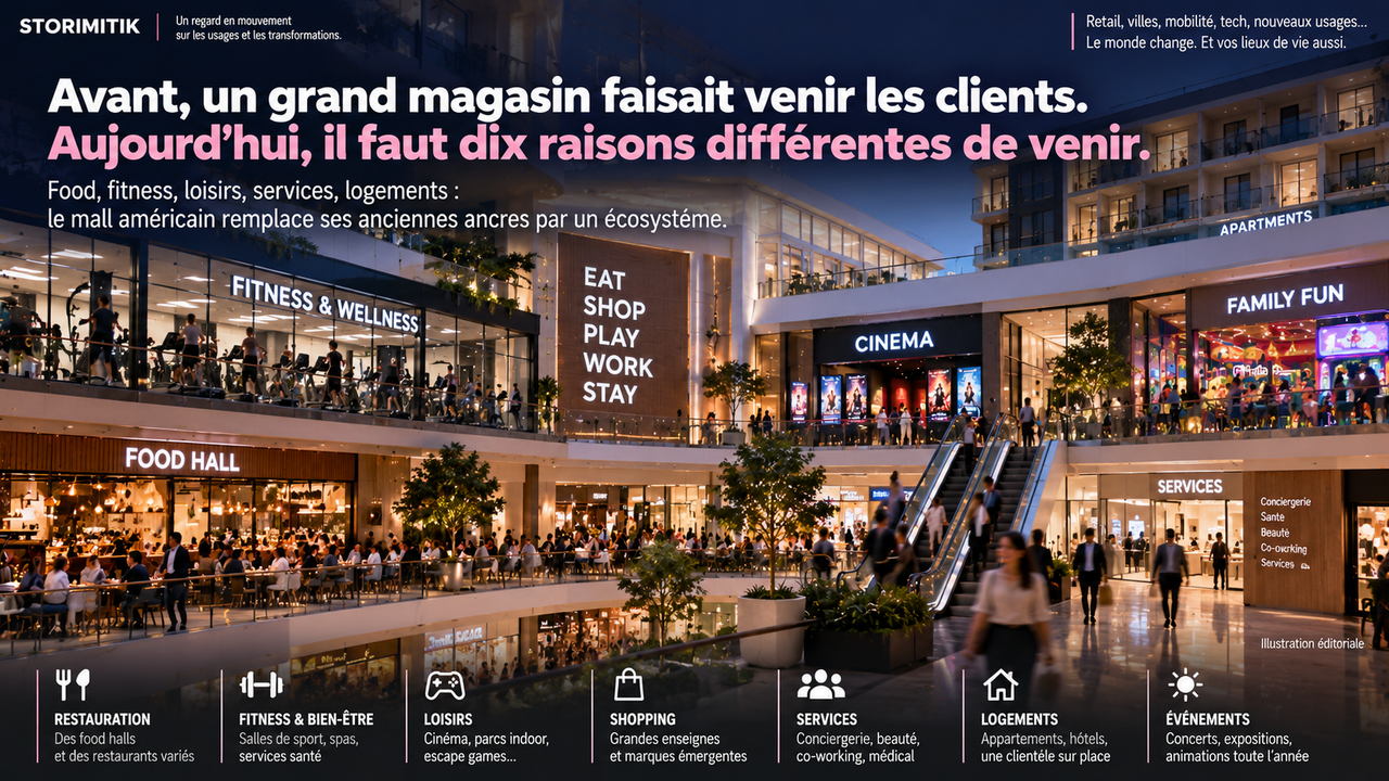 Mall américain contemporain combinant food hall, fitness, cinéma, loisirs familiaux, services et logements.