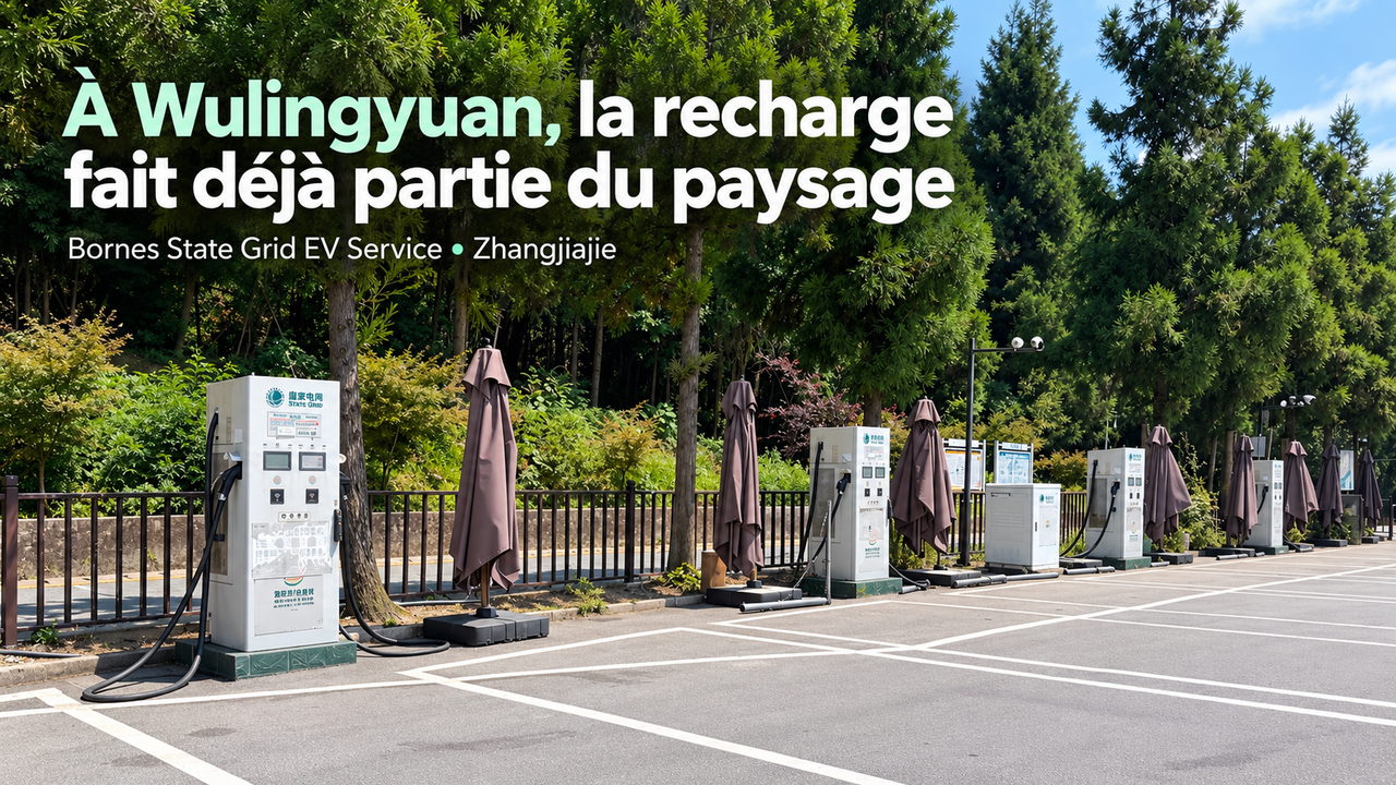 Visuel STORIMITIK montrant une rangée de bornes State Grid EV Service à Wulingyuan, dans le site touristique de Zhangjiajie.