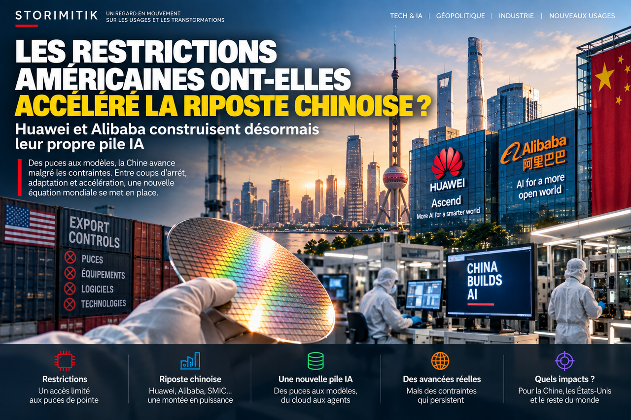 Illustration éditoriale STORIMITIK représentant la reconstruction progressive d’une pile IA chinoise, des semi-conducteurs aux modèles et services.