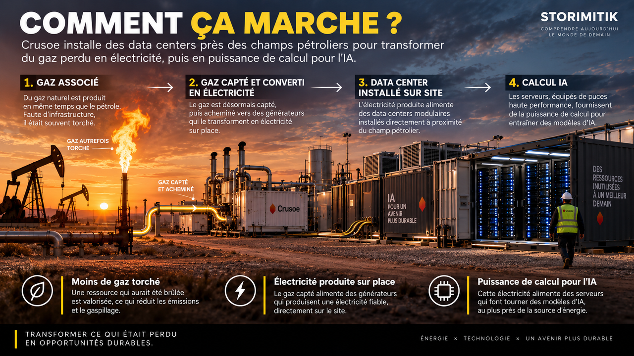 Schéma éditorial STORIMITIK expliquant le principe historique de Crusoe : gaz capté, électricité produite sur place puis alimentation d’une infrastructure de calcul.