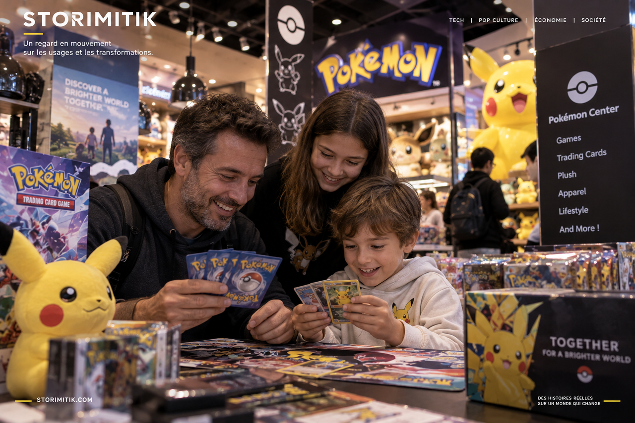 Illustration STORIMITIK montrant une famille partageant cartes et merchandising Pokémon dans un environnement commercial, pour symboliser la transmission entre générations.