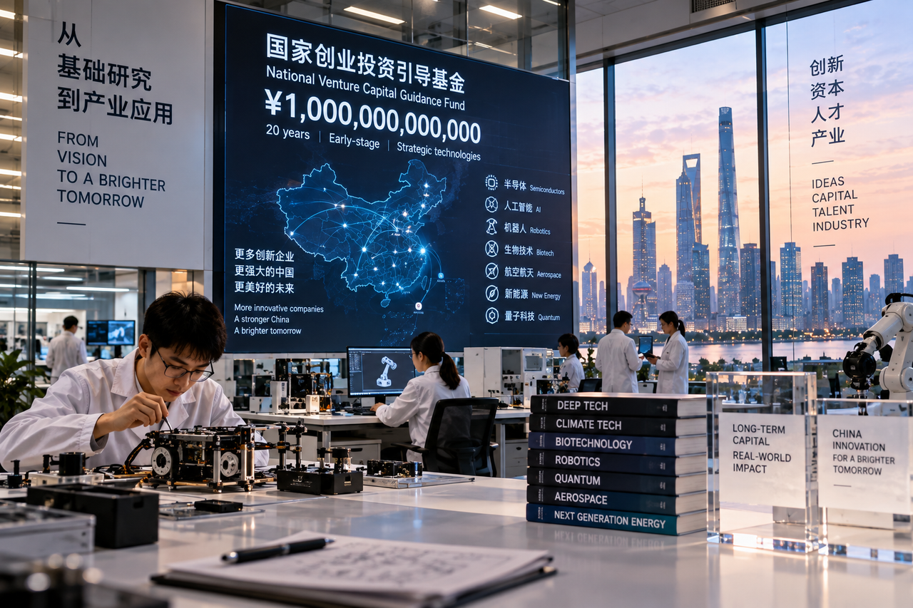 Illustration éditoriale montrant des équipes de recherche chinoises travaillant sur plusieurs prototypes deep tech dans un environnement de laboratoire.