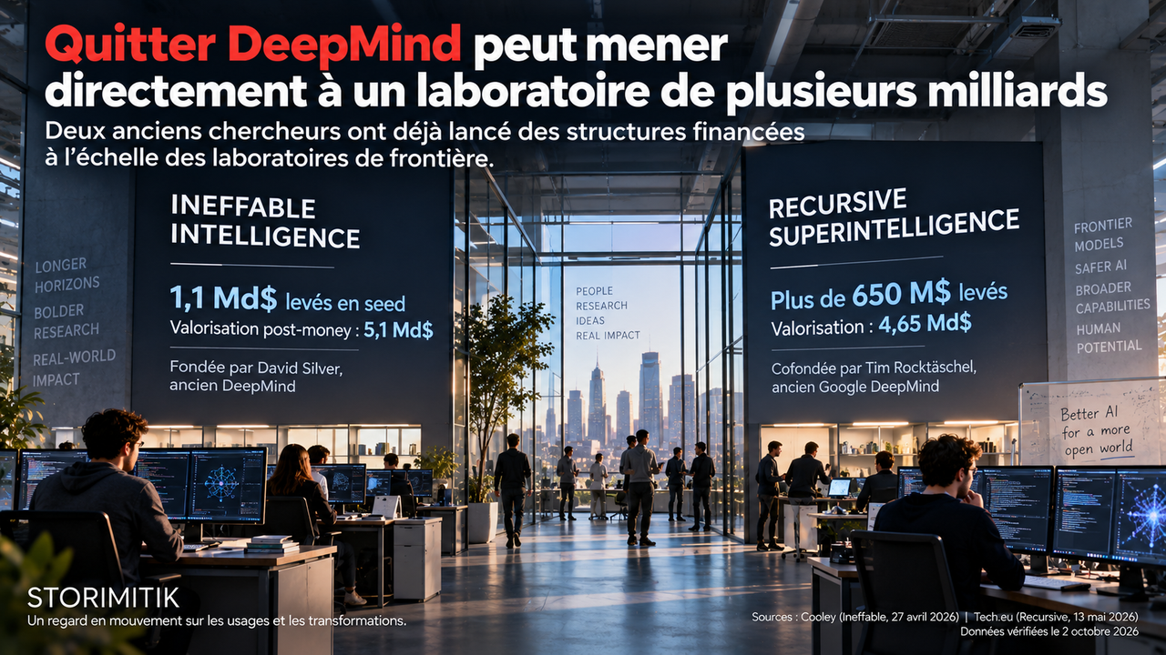 Infographie STORIMITIK comparant Ineffable Intelligence et Recursive Superintelligence, deux laboratoires cofondés par d’anciens chercheurs de DeepMind et financés à plusieurs milliards de dollars.