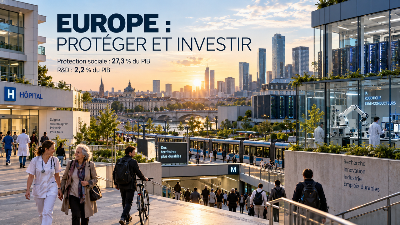 Illustration STORIMITIK d’une ville européenne réunissant hôpital, transports publics, recherche et infrastructures numériques.