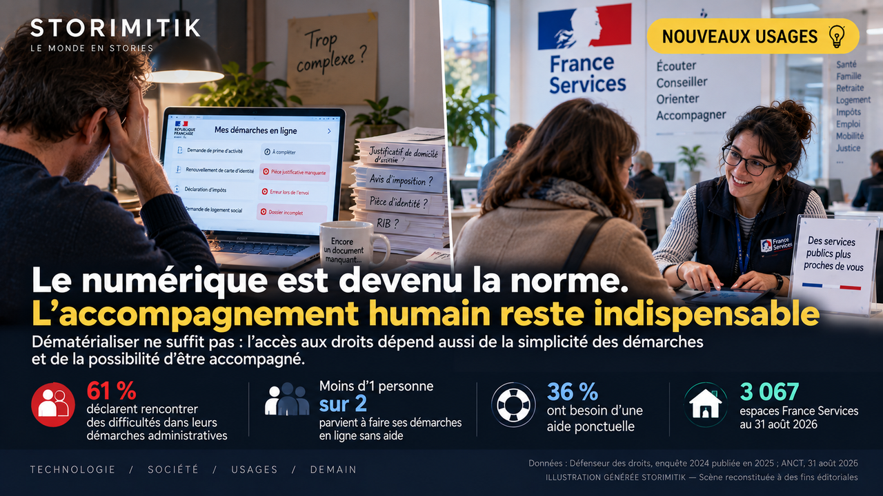 Infographie STORIMITIK opposant une démarche administrative numérique complexe à un accompagnement humain en espace France services, avec les principaux chiffres sur les difficultés des usagers.
