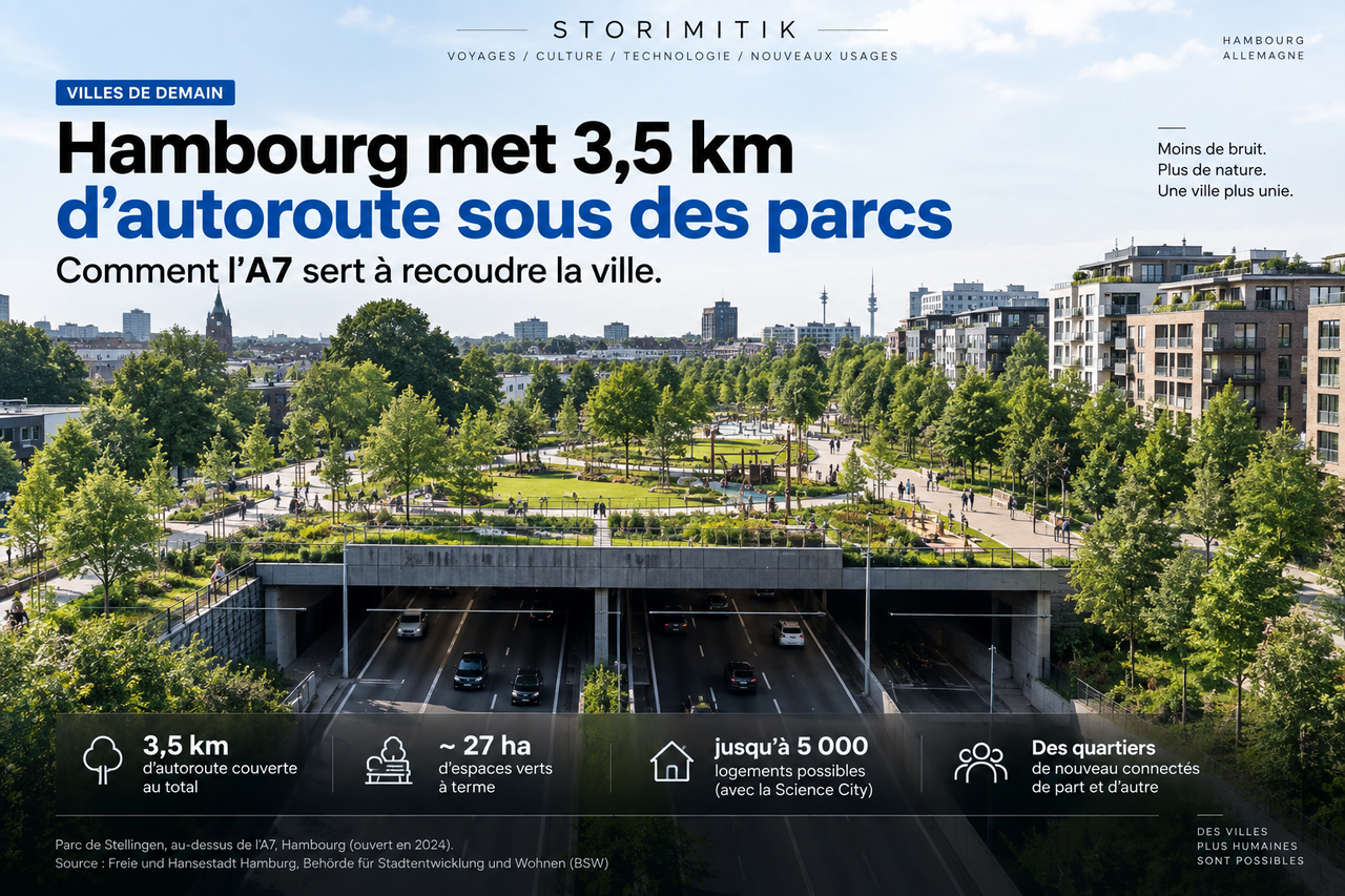 Illustration conceptuelle STORIMITIK montrant un parc urbain aménagé au-dessus d’une autoroute en tunnel à Hambourg.
