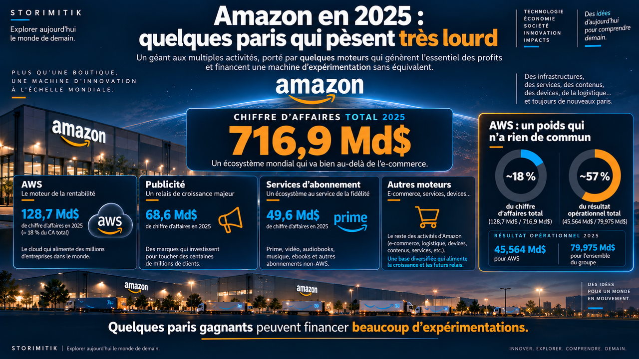 Infographie présentant les principaux chiffres Amazon de 2025 : chiffre d’affaires total, AWS, publicité, abonnements et poids d’AWS dans le résultat opérationnel.
