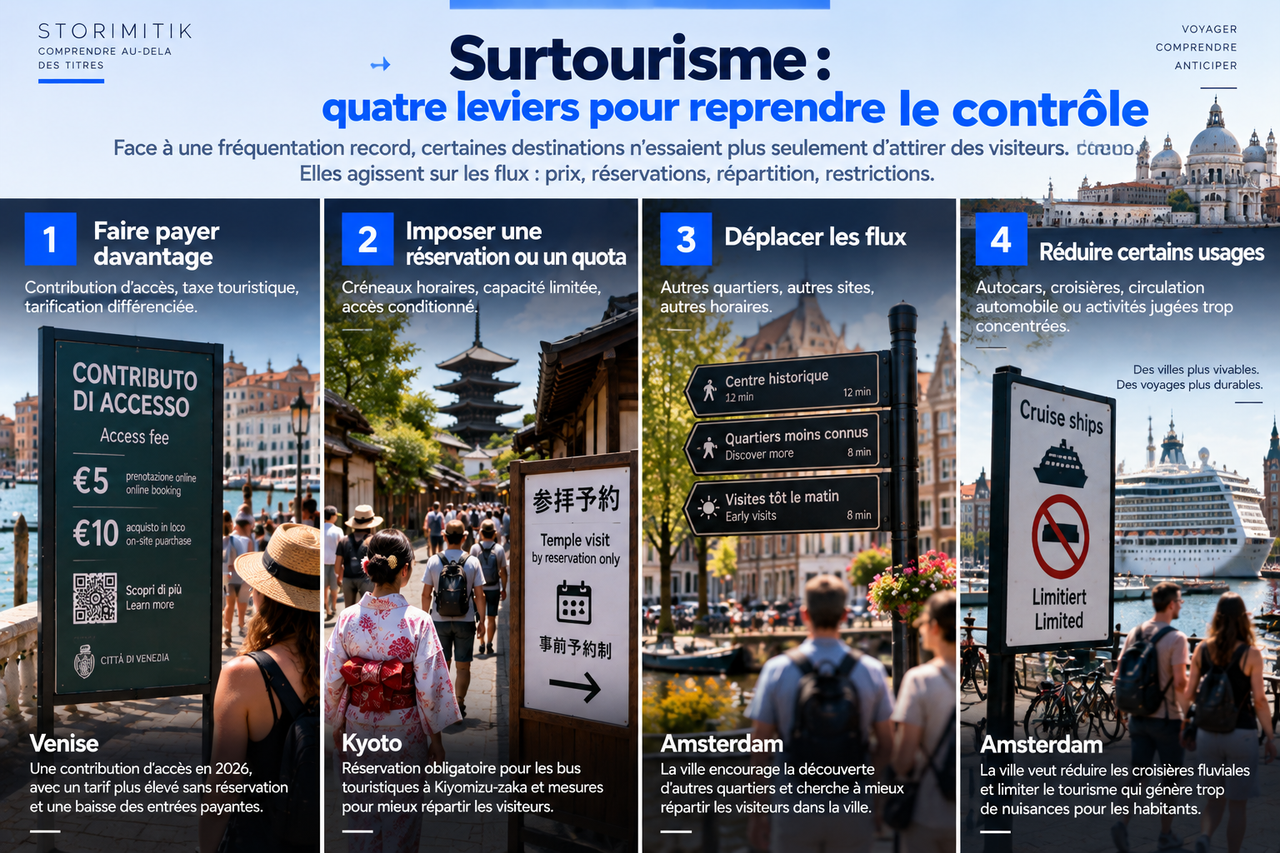 Infographie STORIMITIK montrant quatre leviers utilisés par les destinations pour gérer la pression touristique : prix, réservation, dispersion des flux et restrictions de certains usages.