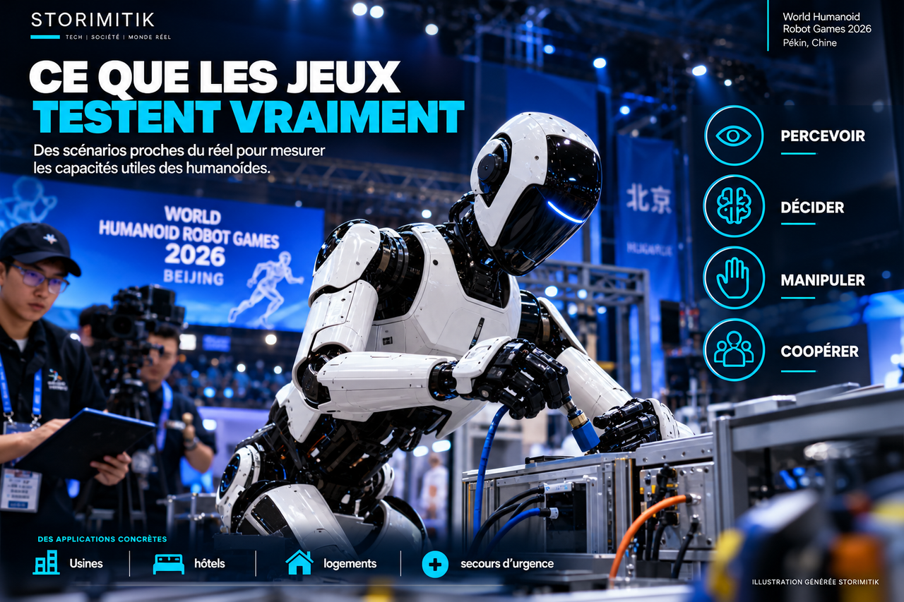 Infographie STORIMITIK sur les capacités testées aux World Humanoid Robot Games : percevoir, décider, manipuler et coopérer.