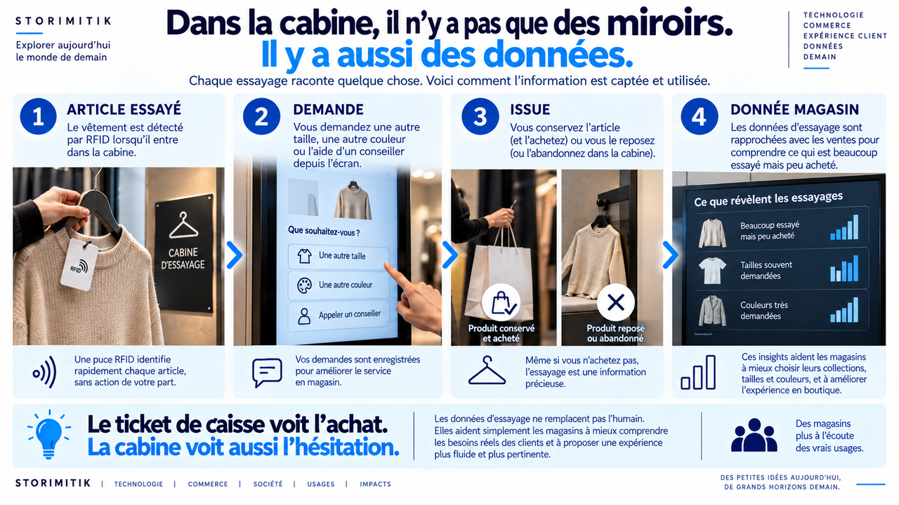 Infographie montrant les données qu’une cabine d’essayage intelligente peut produire : article essayé, demande d’une taille ou couleur, achat ou abandon, puis analyse par le magasin.