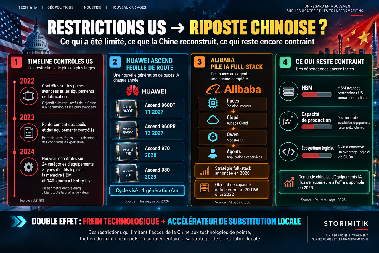 Infographie STORIMITIK résumant la chronologie des contrôles américains, la feuille de route Huawei Ascend, la pile IA Alibaba et les dépendances technologiques restantes.