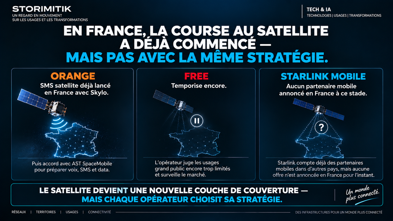 Infographie STORIMITIK comparant les stratégies satellite d’Orange, Free et Starlink Mobile en France.