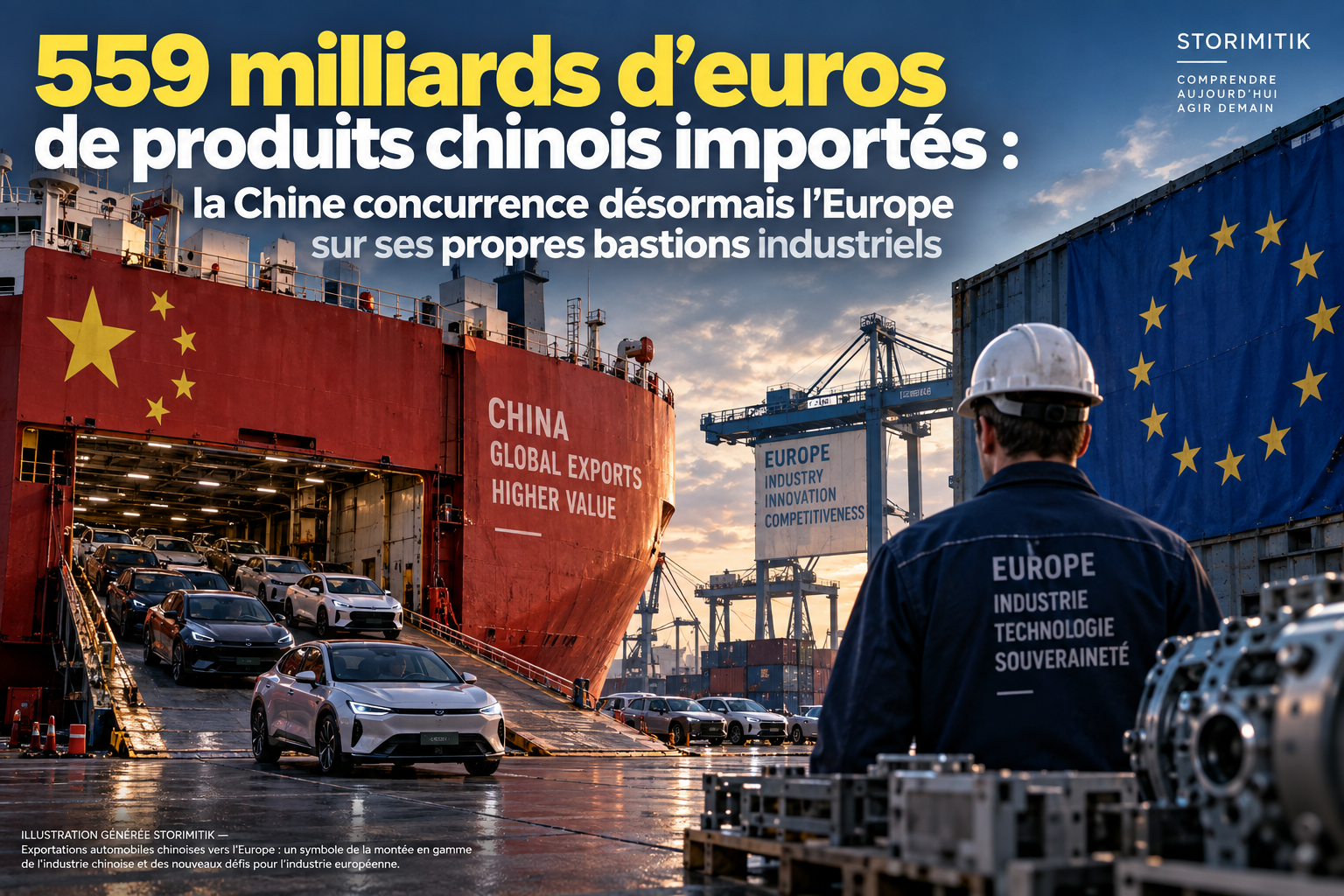Illustration STORIMITIK sur la montée de la concurrence industrielle chinoise face à l’Europe, symbolisée par les flux de véhicules, de machines et de marchandises.