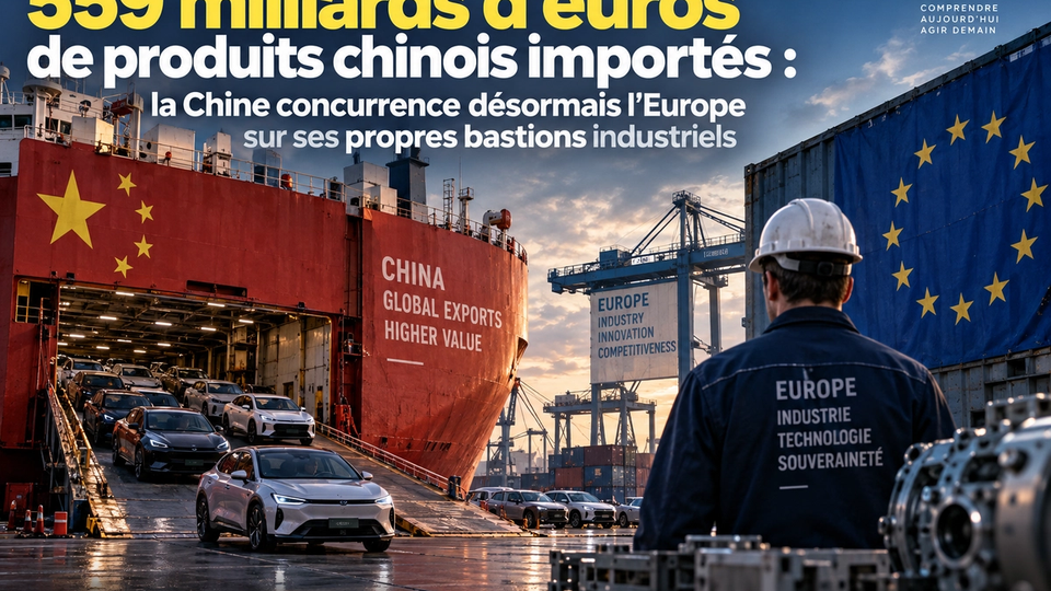 Illustration STORIMITIK sur la montée de la concurrence industrielle chinoise face à l’Europe, symbolisée par les flux de véhicules, de machines et de marchandises.