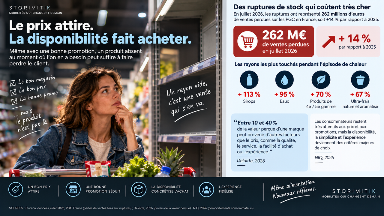 Infographie éditoriale montrant une cliente devant un rayon vide, les pertes de ventes liées aux ruptures et le rôle de la disponibilité dans la valeur perçue.