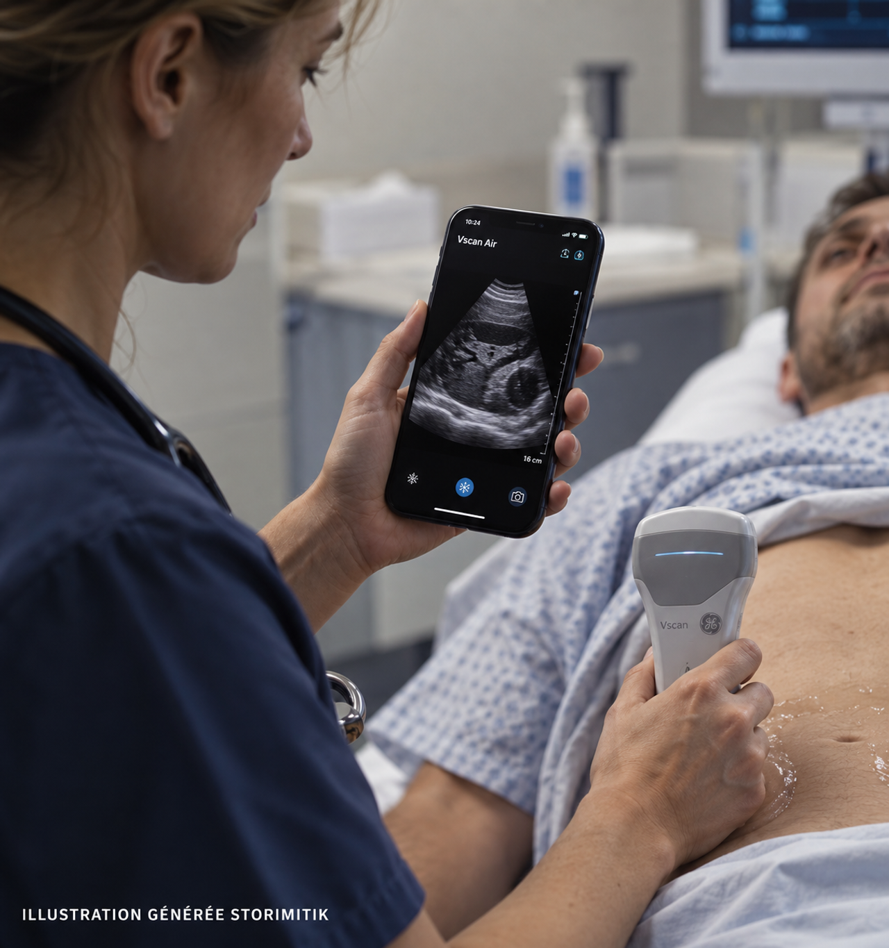 Illustration d’une professionnelle de santé utilisant une sonde d’échographie portable tandis que l’image apparaît sur un smartphone.