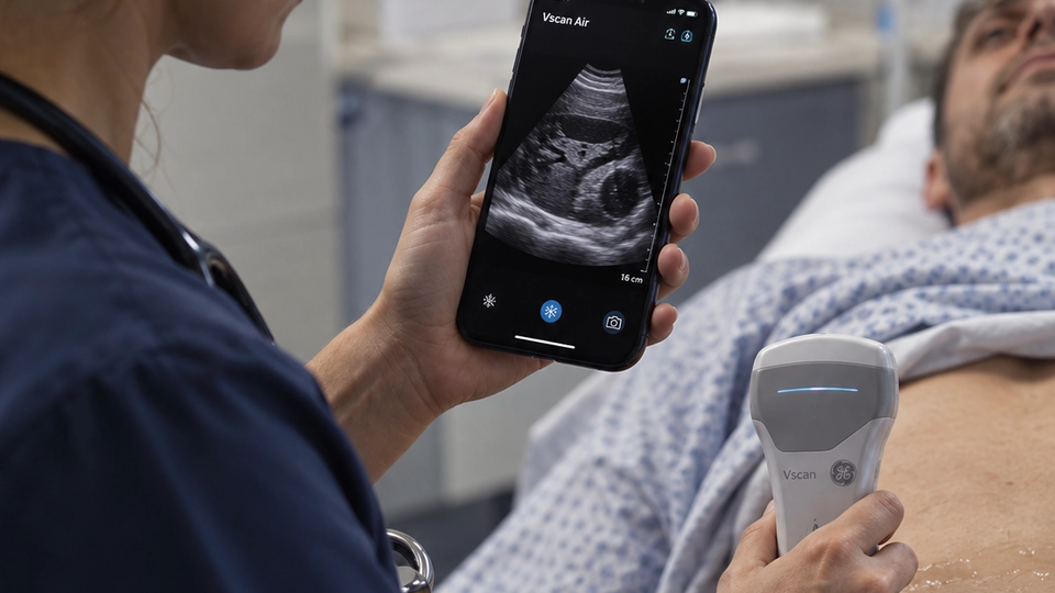 Illustration d’une professionnelle de santé utilisant une sonde d’échographie portable tandis que l’image apparaît sur un smartphone.