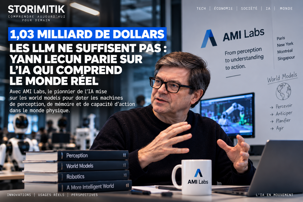 Illustration éditoriale représentant Yann LeCun dans un laboratoire de robotique et présentant la thèse d’AMI Labs sur les limites des LLM pour comprendre le monde physique.