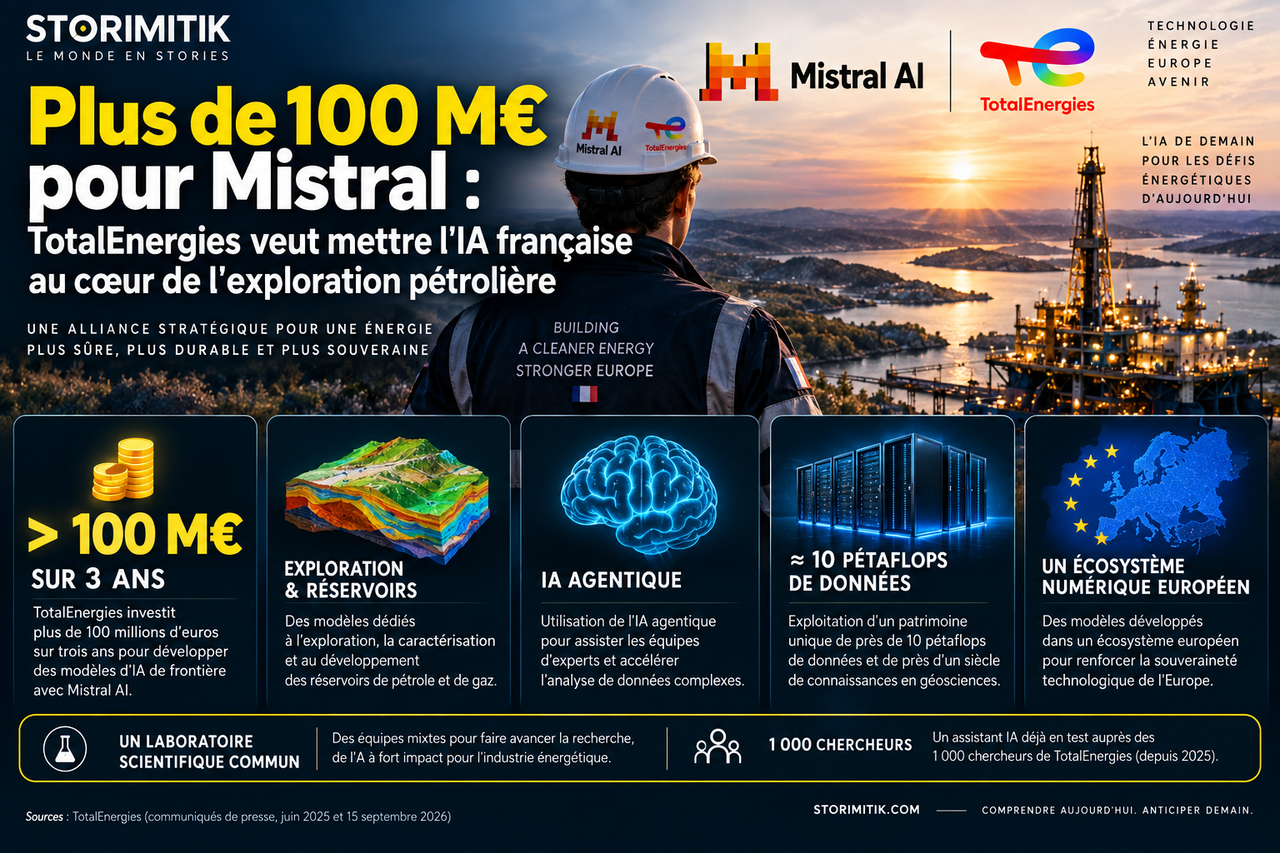 Infographie STORIMITIK résumant le partenariat Mistral AI et TotalEnergies : plus de 100 millions d’euros sur trois ans, IA agentique, près de 10 pétaflops et laboratoire scientifique commun.