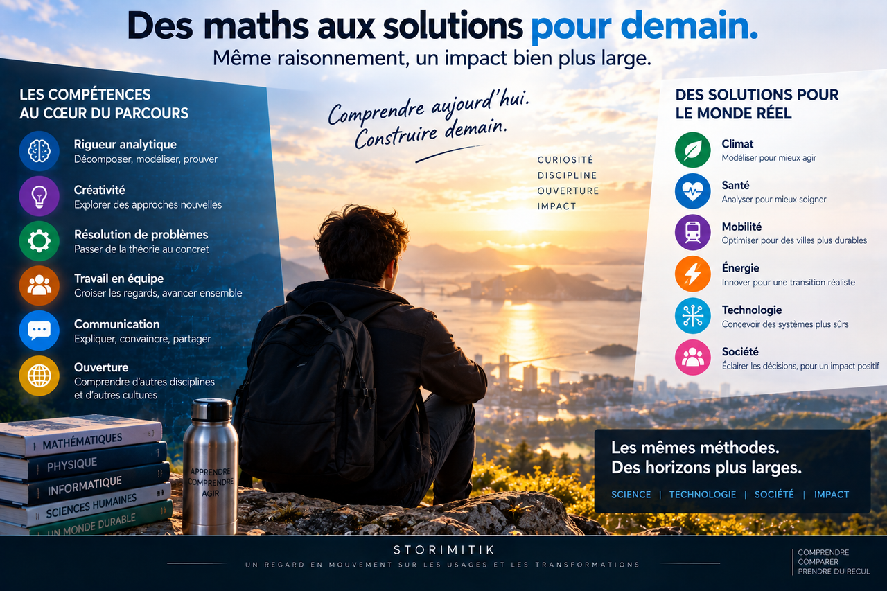 Illustration éditoriale STORIMITIK sur les compétences mobilisées pour transformer des connaissances scientifiques en solutions pour le monde réel.