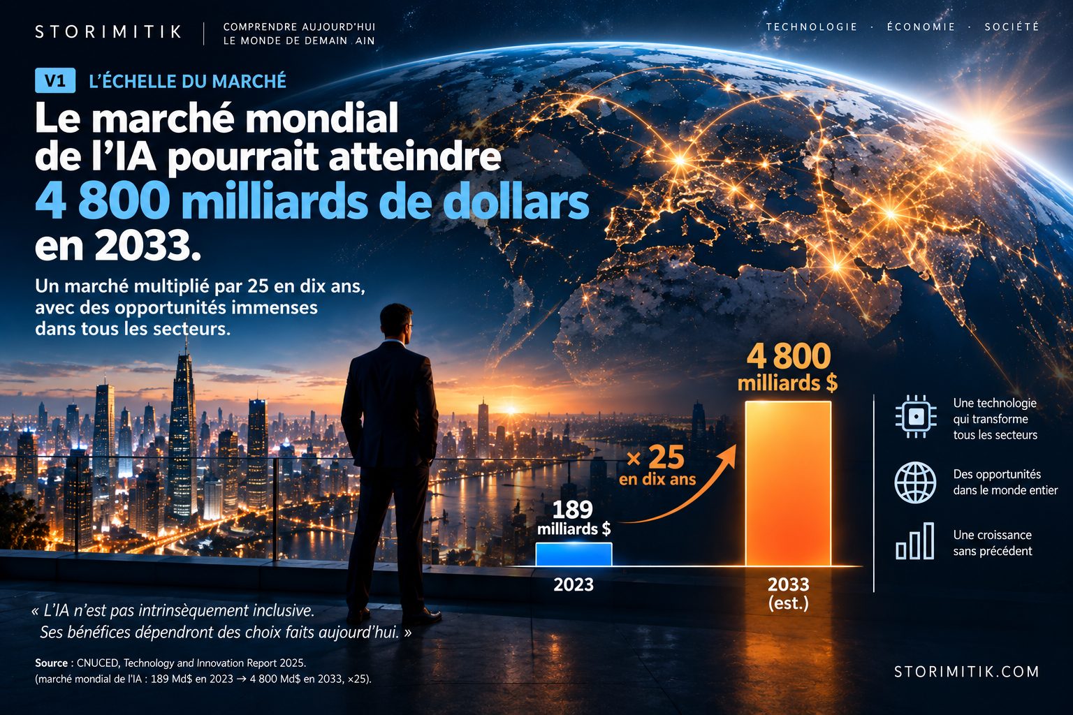 Illustration STORIMITIK montrant la croissance projetée du marché mondial de l’intelligence artificielle entre 2023 et 2033.