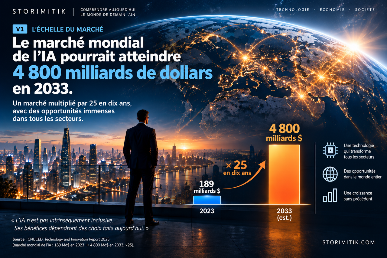 Illustration STORIMITIK montrant la croissance projetée du marché mondial de l’intelligence artificielle entre 2023 et 2033.