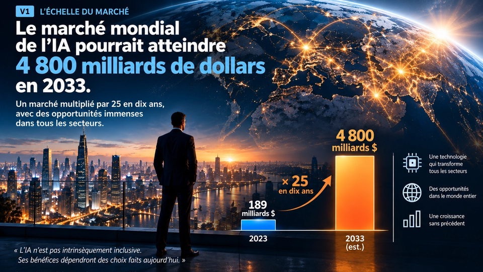 Illustration STORIMITIK montrant la croissance projetée du marché mondial de l’intelligence artificielle entre 2023 et 2033.