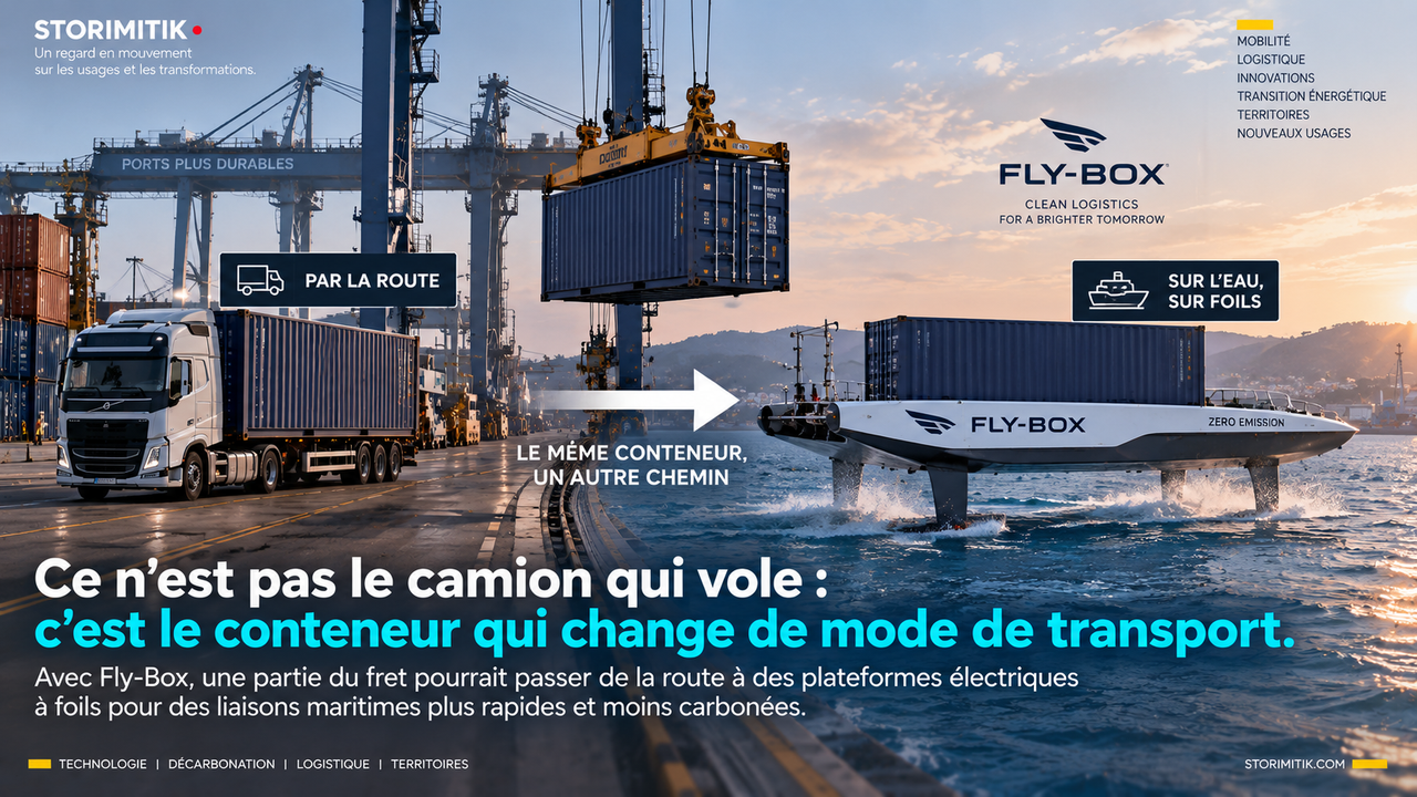 Infographie montrant un conteneur transféré d’un camion vers une plateforme Fly-Box sur foils.