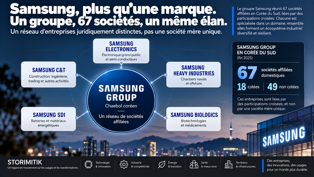 Infographie STORIMITIK représentant Samsung Group comme un réseau de sociétés affiliées autour de Samsung Electronics, Samsung SDI, Samsung Heavy Industries, Samsung Biologics et Samsung C&T.