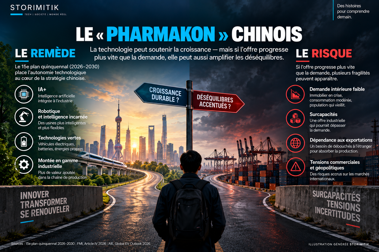 Infographie STORIMITIK sur le pharmakon chinois : technologie comme moteur de croissance face aux risques de surcapacité, de faiblesse de la demande intérieure et de dépendance aux exportations.