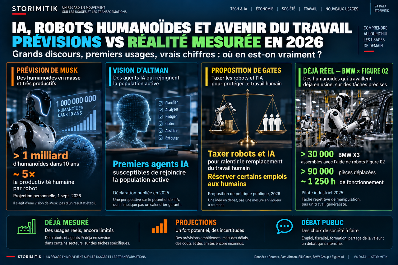 Infographie STORIMITIK comparant les projections d’Elon Musk, la vision de Sam Altman et la proposition de Bill Gates avec les résultats mesurés du pilote BMW Figure 02.