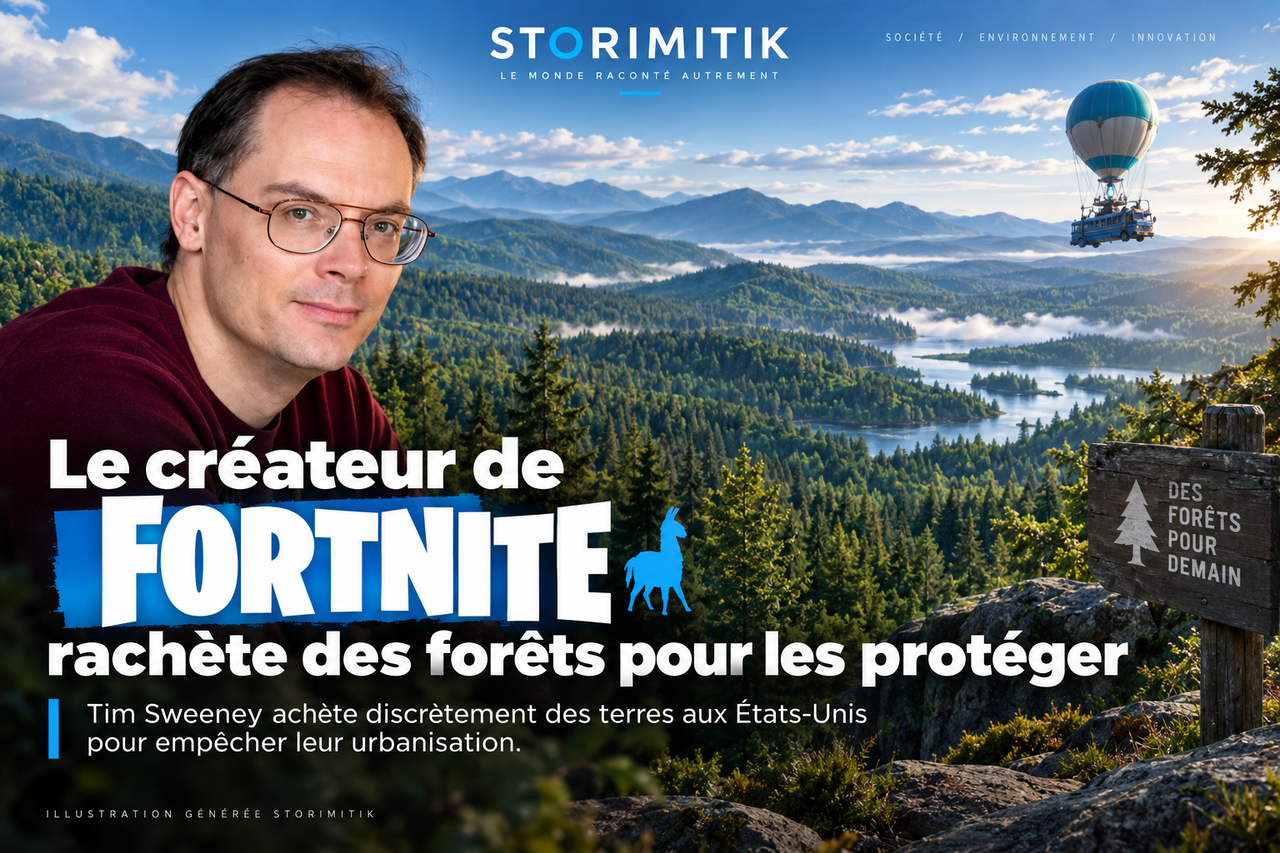 Illustration STORIMITIK sur Tim Sweeney, Epic Games, Fortnite et ses achats de terres destinés à la conservation en Caroline du Nord.