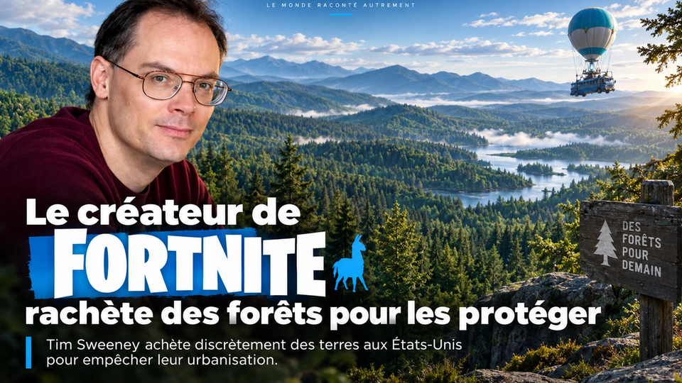 Illustration STORIMITIK sur Tim Sweeney, Epic Games, Fortnite et ses achats de terres destinés à la conservation en Caroline du Nord.