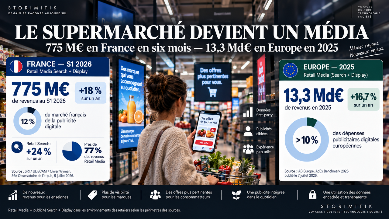 Infographie STORIMITIK : retail media à 775 millions d’euros en France au premier semestre 2026 et 13,3 milliards d’euros en Europe en 2025.