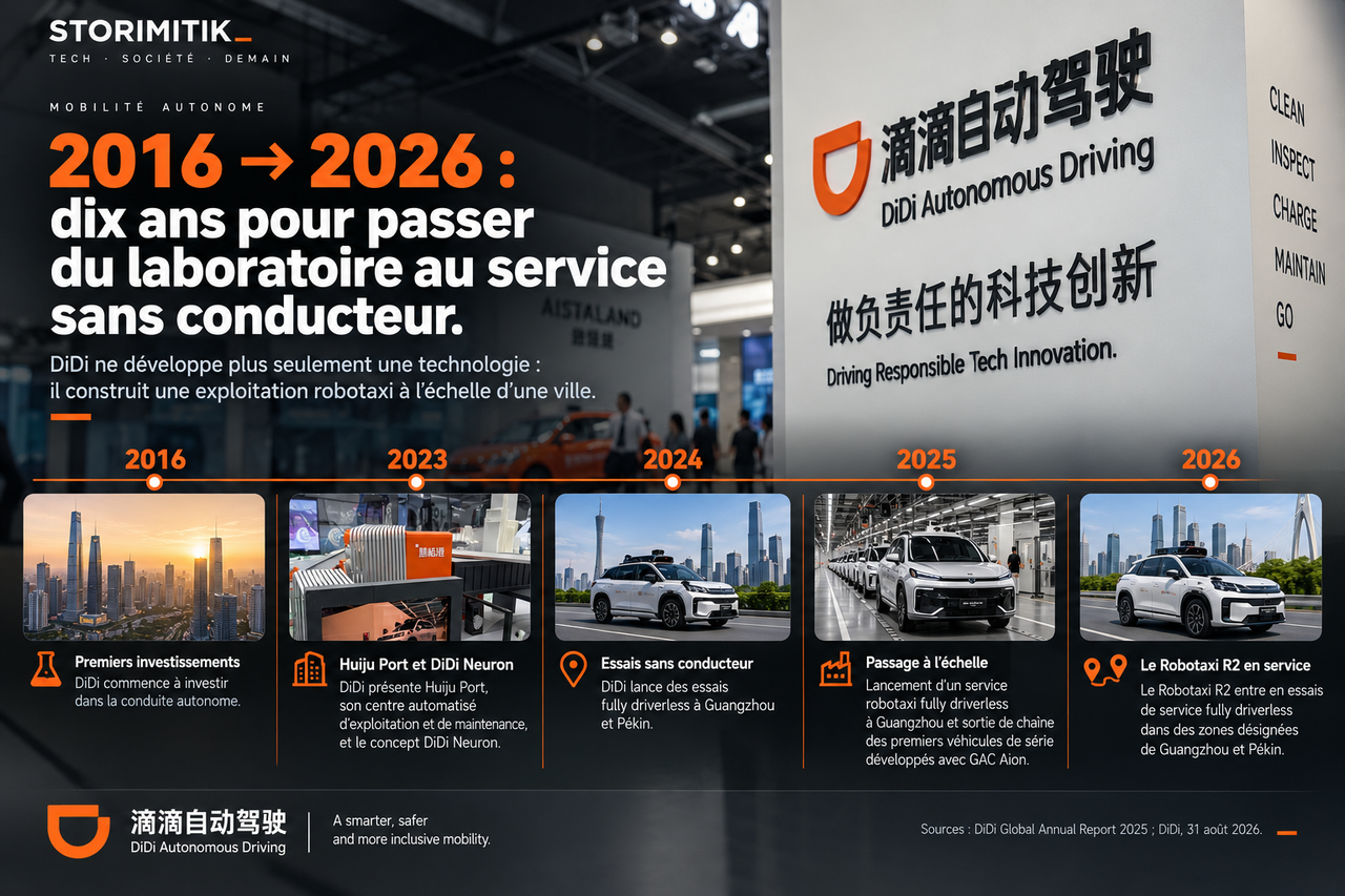 Frise chronologique STORIMITIK retraçant les principales étapes de DiDi Autonomous Driving de 2016 à 2026.