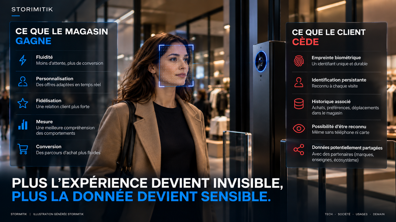 Infographie STORIMITIK opposant ce que le magasin gagne grâce à la biométrie et ce que le client cède en données et en anonymat.