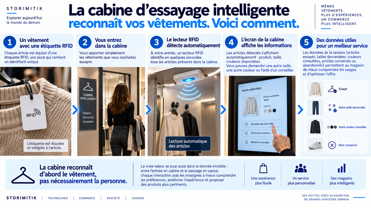 Infographie expliquant comment une cabine d’essayage intelligente reconnaît un vêtement grâce à une étiquette RFID puis affiche ses informations et permet de demander une autre taille ou couleur.