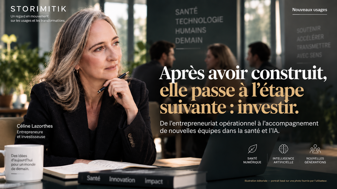 Portrait éditorial de Céline Lazorthes avec un stylo, illustrant le passage de l’entrepreneuriat opérationnel à l’investissement.
