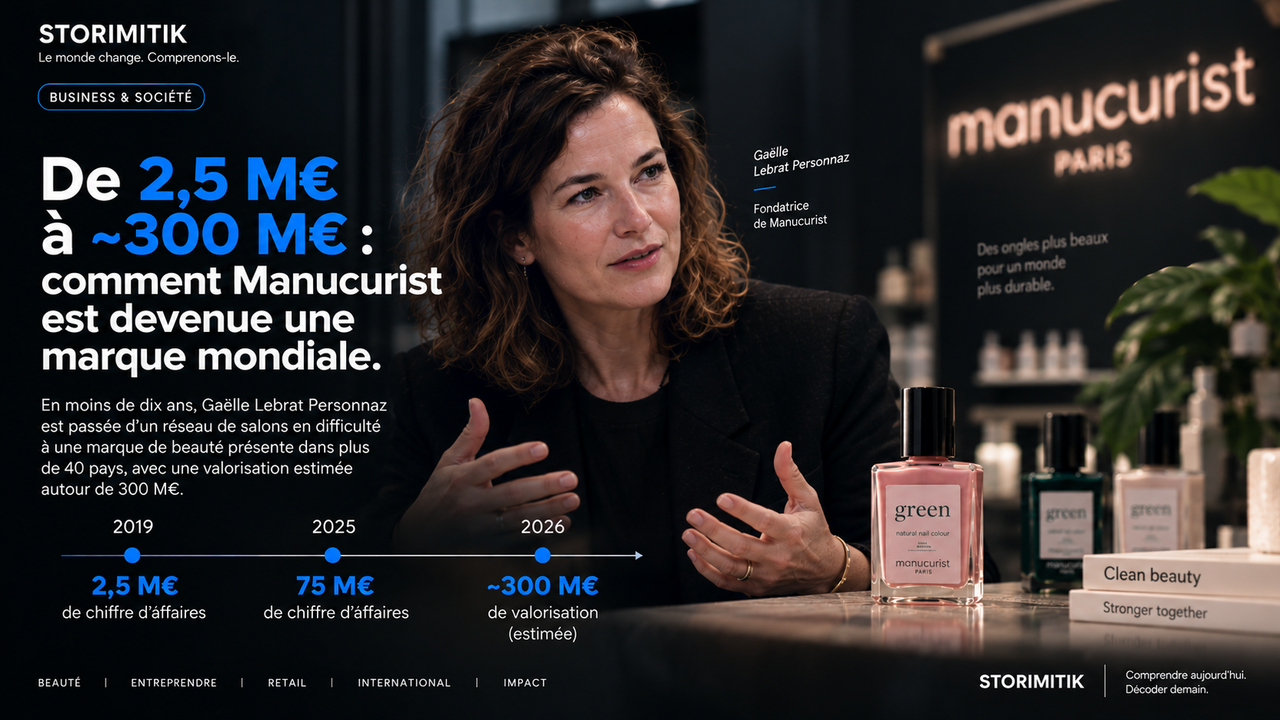 Visuel éditorial STORIMITIK sur la trajectoire de Manucurist, de 2,5 M€ de chiffre d’affaires en 2019 à une valorisation autour de 300 M€ en 2026.