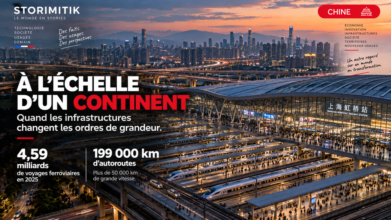 Illustration STORIMITIK d’une grande gare ferroviaire chinoise et de réseaux autoroutiers, avec les chiffres 4,59 milliards de voyages ferroviaires, 199 000 km d’autoroutes et plus de 50 000 km de grande vitesse.