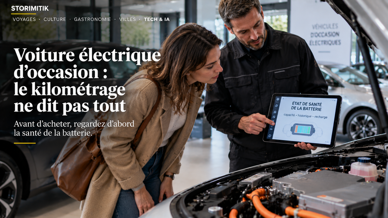 Illustration STORIMITIK d’un acheteur examinant avec un technicien l’état d’une batterie de voiture électrique d’occasion.