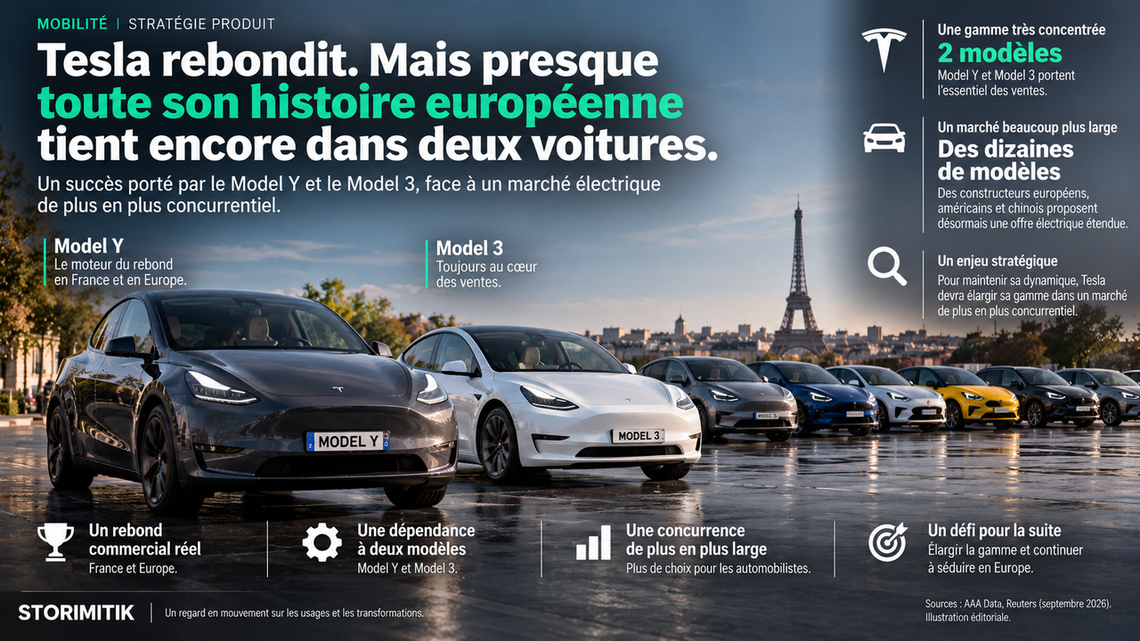 Tesla Model Y et Model 3 au premier plan face à une offre concurrente électrique plus large en Europe.
