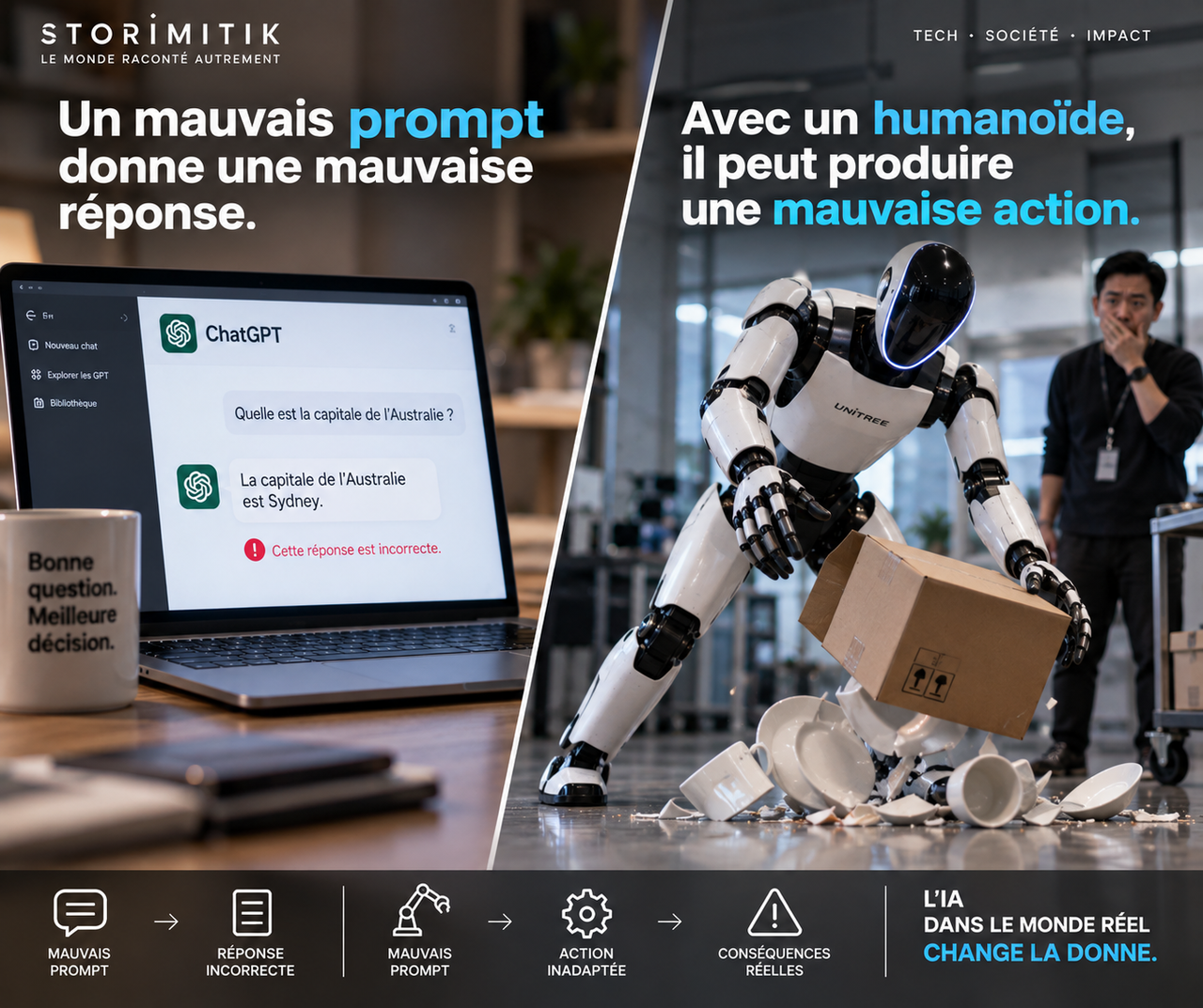 Illustration conceptuelle comparant une erreur de chatbot sur écran à une mauvaise action exécutée par un humanoïde.