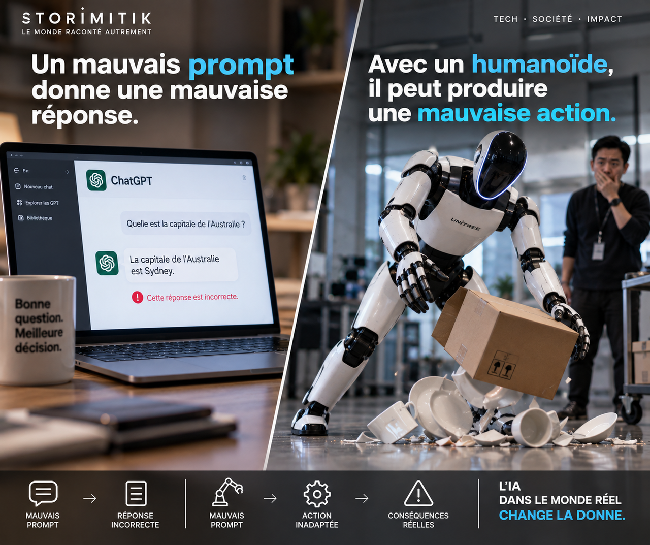 Illustration conceptuelle comparant une erreur de chatbot sur écran à une mauvaise action exécutée par un humanoïde.