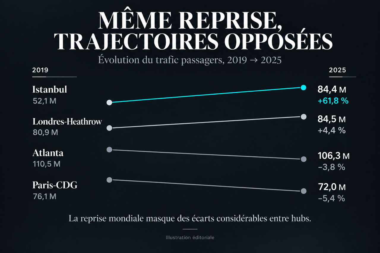 Illustration éditoriale STORIMITIK comparant l’évolution du trafic passagers entre 2019 et 2025 à Istanbul, Heathrow, Atlanta et Paris-CDG.