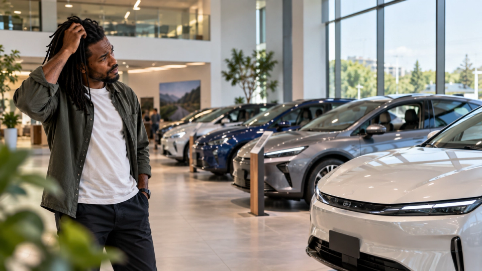 Photographie éditoriale d’un homme noir aux locks hésitant devant plusieurs voitures électriques exposées dans un showroom.