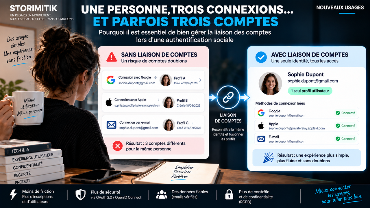 Infographie STORIMITIK montrant comment une même personne peut créer plusieurs profils via Google, Apple et e-mail, puis les réunir grâce à une liaison de comptes sécurisée.