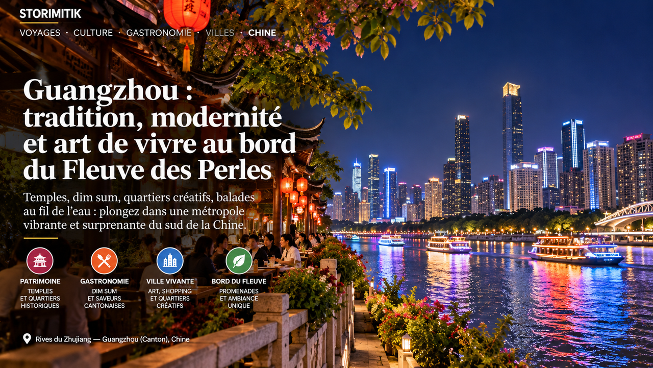 Illustration STORIMITIK de nuit des rives du fleuve des Perles à Guangzhou, entre architecture traditionnelle, restaurants et skyline contemporaine.